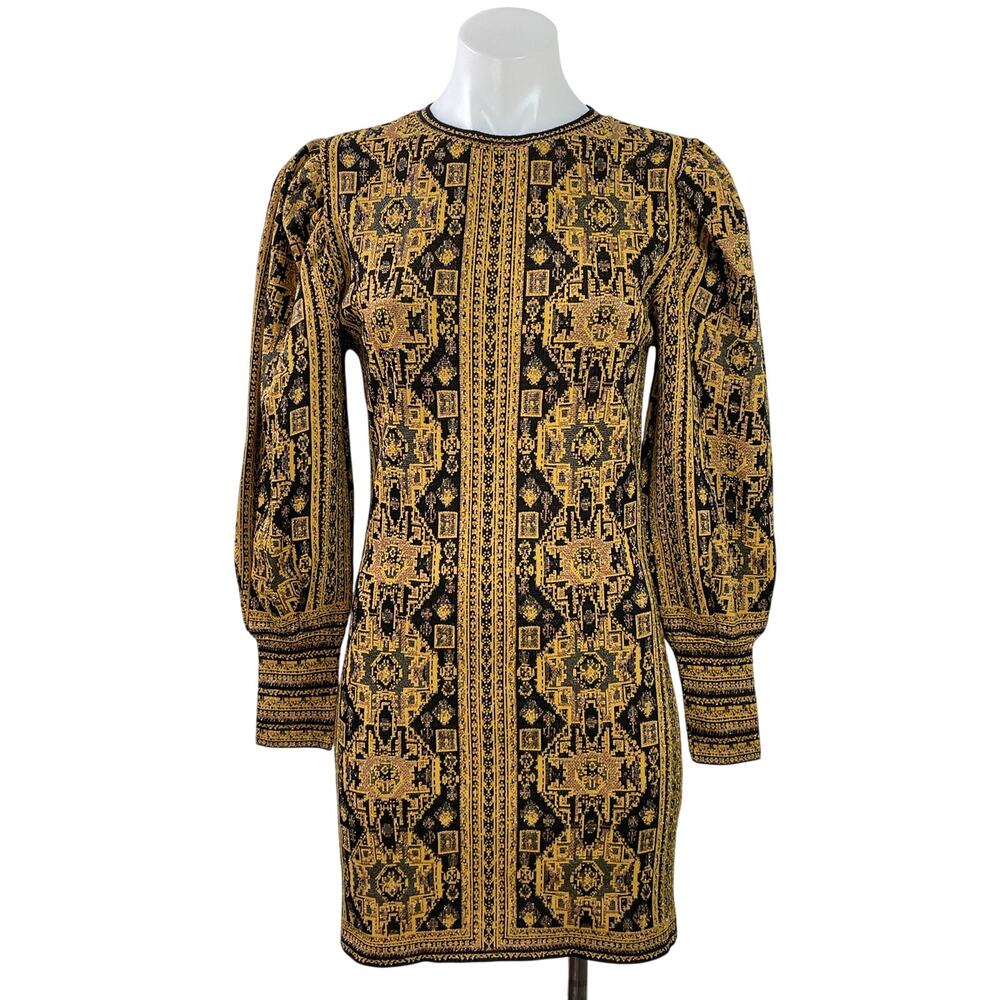 NEW Zara Gold Metallic Jacquard Long Balloon Sleeve Mini Sweater Dress Size S